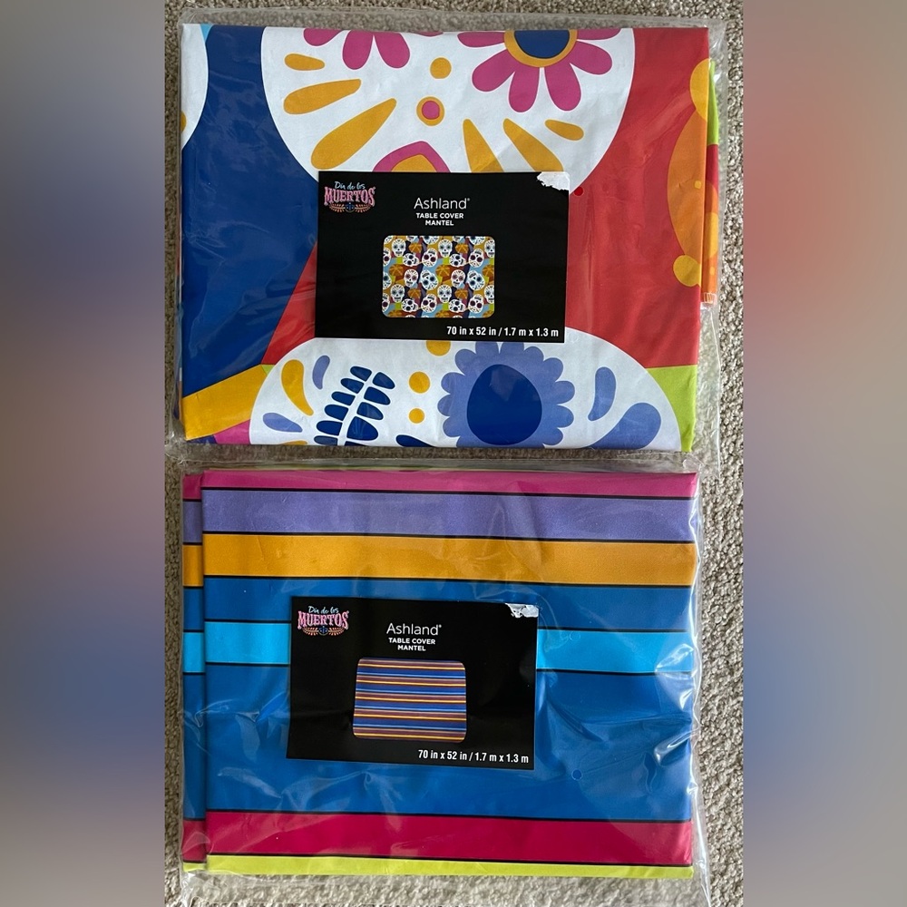 Sugar Skull Day of the Dead Lot 2 Vinyl Flannel Back Table cloths  70” x 52” NWT
